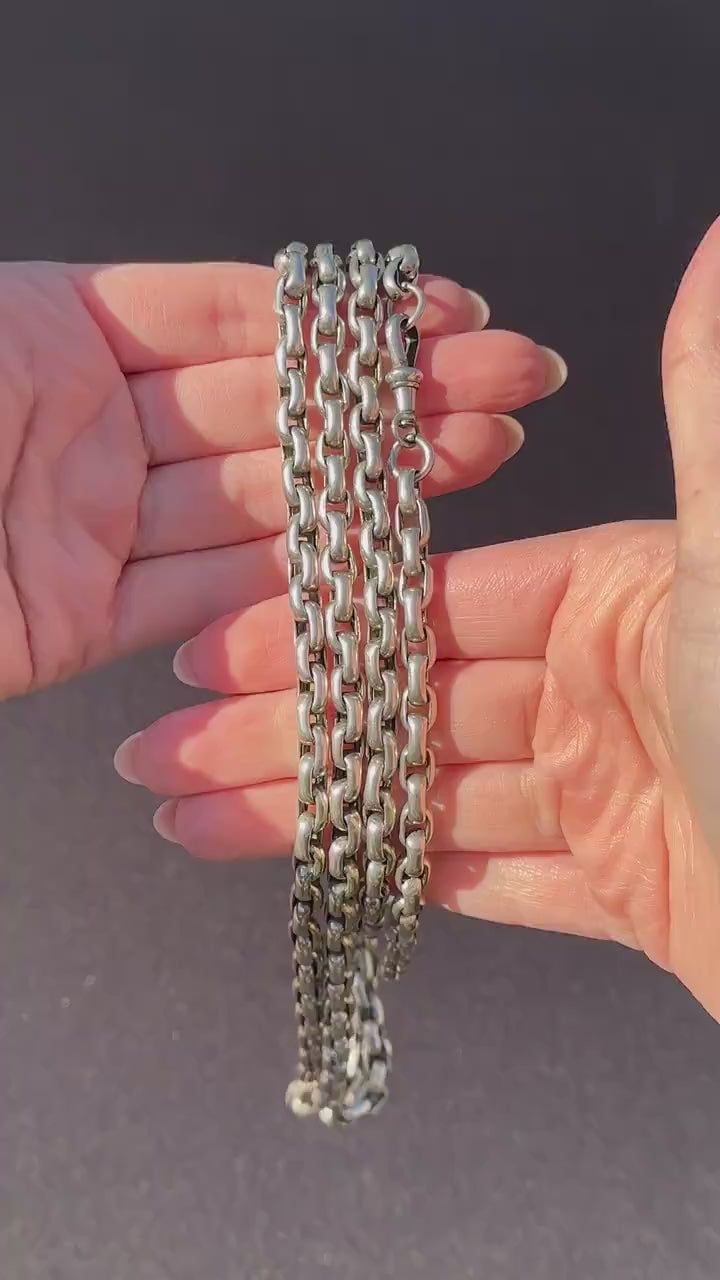 Antique Heavy Silver Long Guard Muff Chain Necklace with Dog Clip | 59" Length