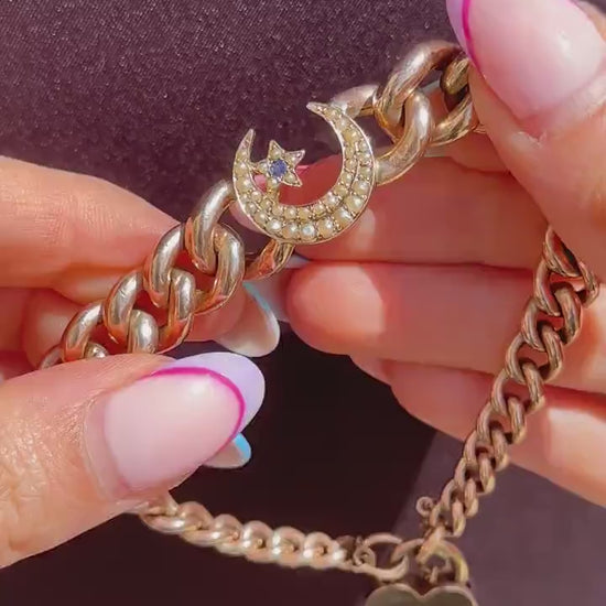 Antique 9ct Gold Curb Bracelet with Heart Padlock and Pearl Crescent | 7.5"