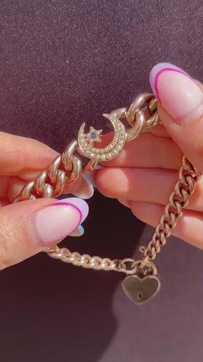 Antique 9ct Gold Curb Bracelet with Heart Padlock and Pearl Crescent | 7.5"