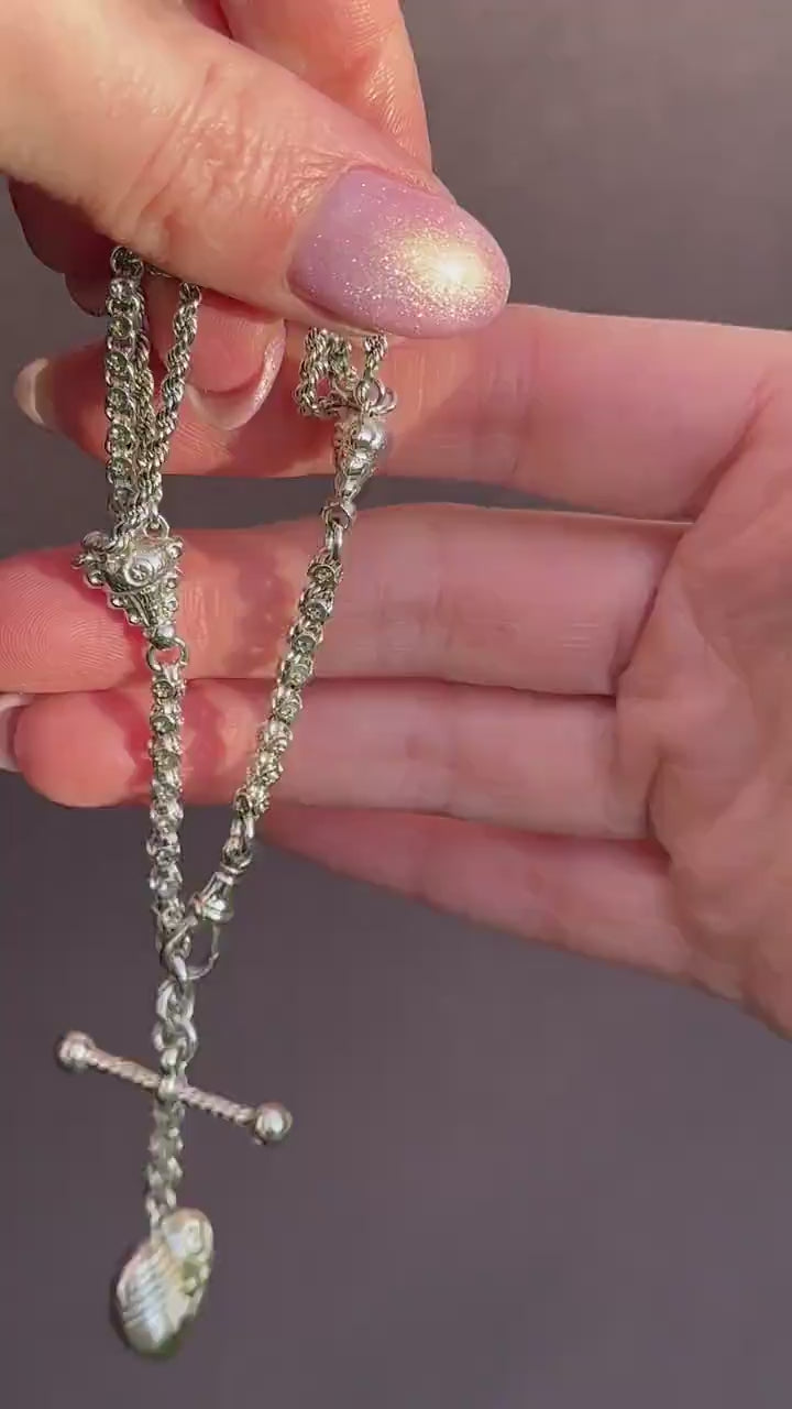 Antique Silver Multi-Strand Albertina Albert Chain Bracelet with Heart