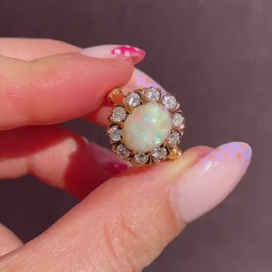 Vintage 2.27ct Natural Opal and Diamond Oval Halo Cluster 18ct Gold Ring