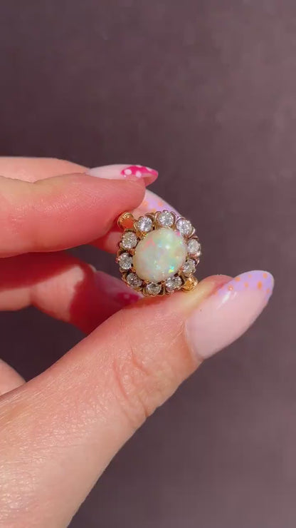 Vintage 2.27ct Natural Opal and Diamond Oval Halo Cluster 18ct Gold Ring