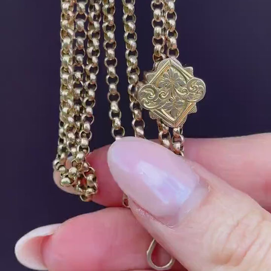 Antique Victorian 9ct Gold Guard Chain Necklace with Engraved Slider and Dog Clip | 60"
