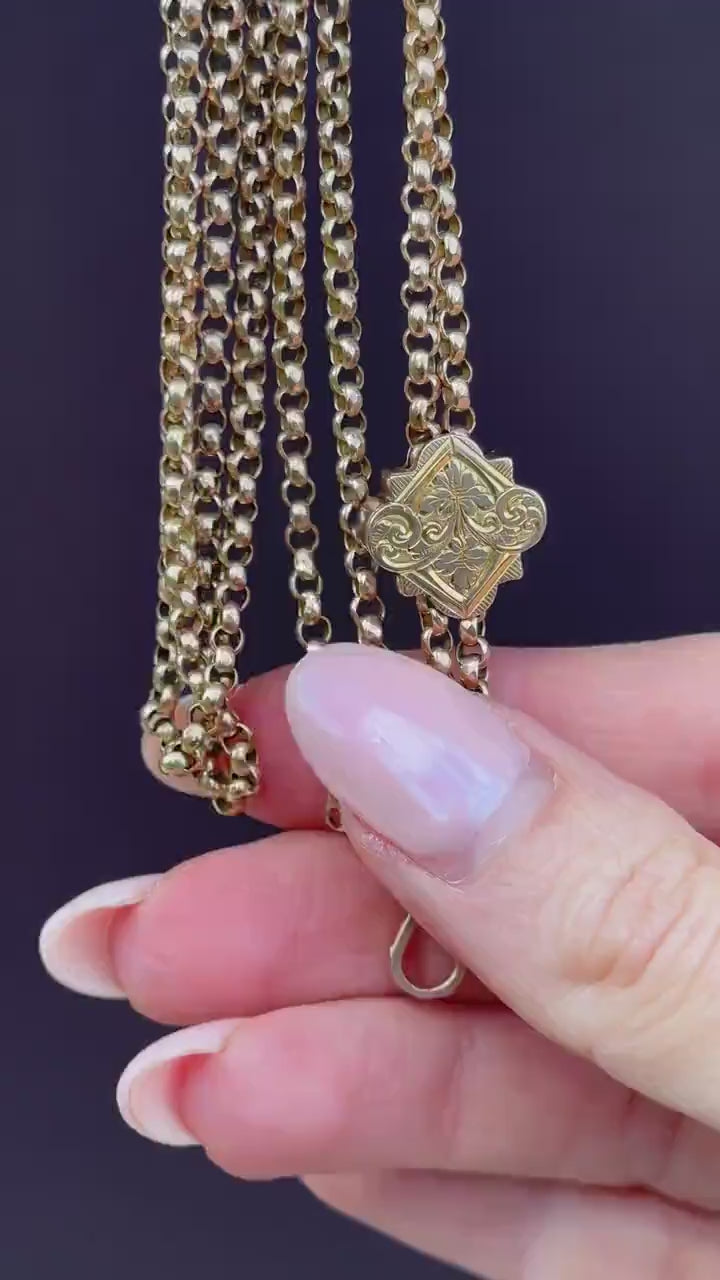 Antique Victorian 9ct Gold Guard Chain Necklace with Engraved Slider and Dog Clip | 60"