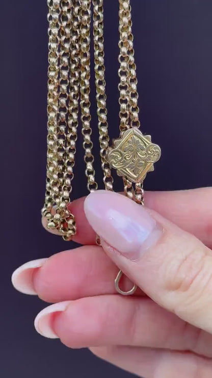 Antique Victorian 9ct Gold Guard Chain Necklace with Engraved Slider and Dog Clip | 60"