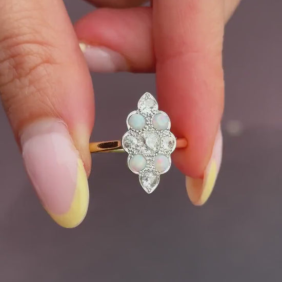Antique Edwardian 0.78ct Old Cut Diamond and Opal Navette Cluster 18ct Gold Ring