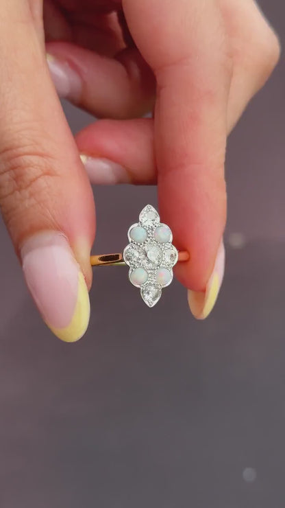Antique Edwardian 0.78ct Old Cut Diamond and Opal Navette Cluster 18ct Gold Ring