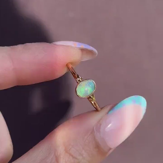 Antique Colourful Natural Opal Oval Bezel Solitaire 18ct Gold Ring