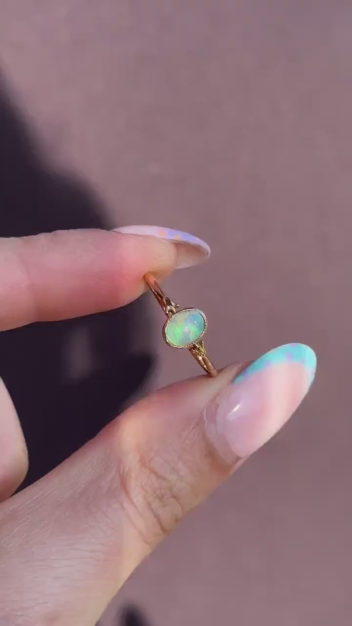 Antique Colourful Natural Opal Oval Bezel Solitaire 18ct Gold Ring