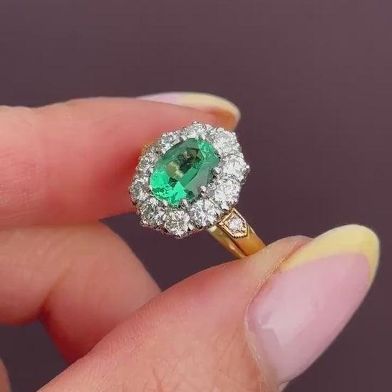 Natural Emerald and Diamond Oval Cluster Halo 18ct Yellow Gold Ring