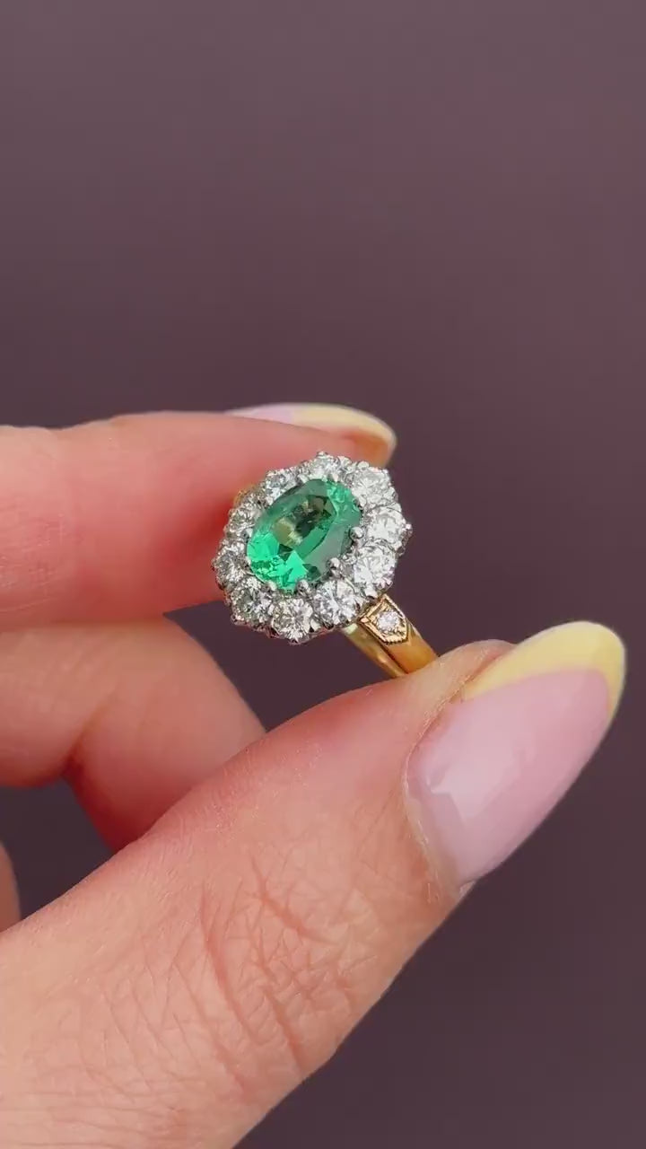 Natural Emerald and Diamond Oval Cluster Halo 18ct Yellow Gold Ring