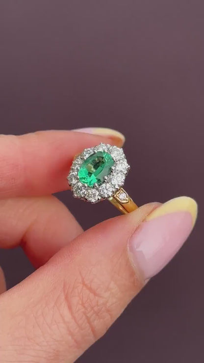 Natural Emerald and Diamond Oval Cluster Halo 18ct Yellow Gold Ring
