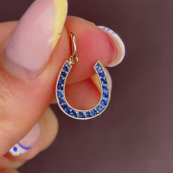 French Cut Royal Blue Sapphire Horseshoe 18ct Gold Charm Pendant - 0.55ct