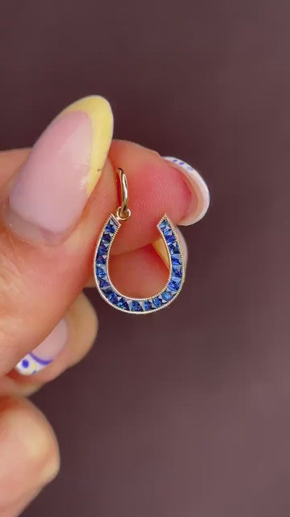 French Cut Royal Blue Sapphire Horseshoe 18ct Gold Charm Pendant - 0.55ct