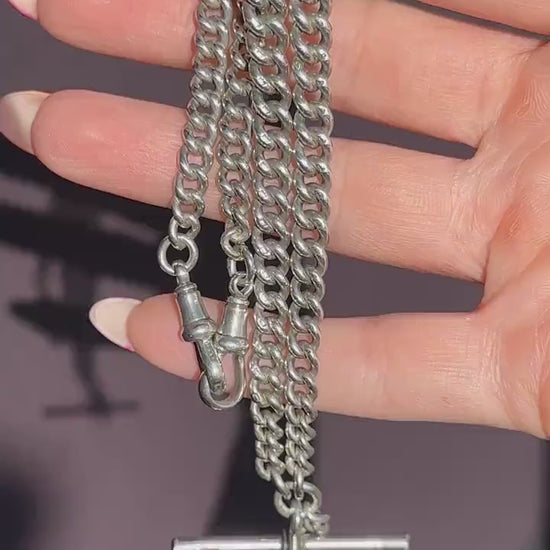 Antique '1924' Sterling Silver Curb Link Albert Watch Chain Necklace 15.5"