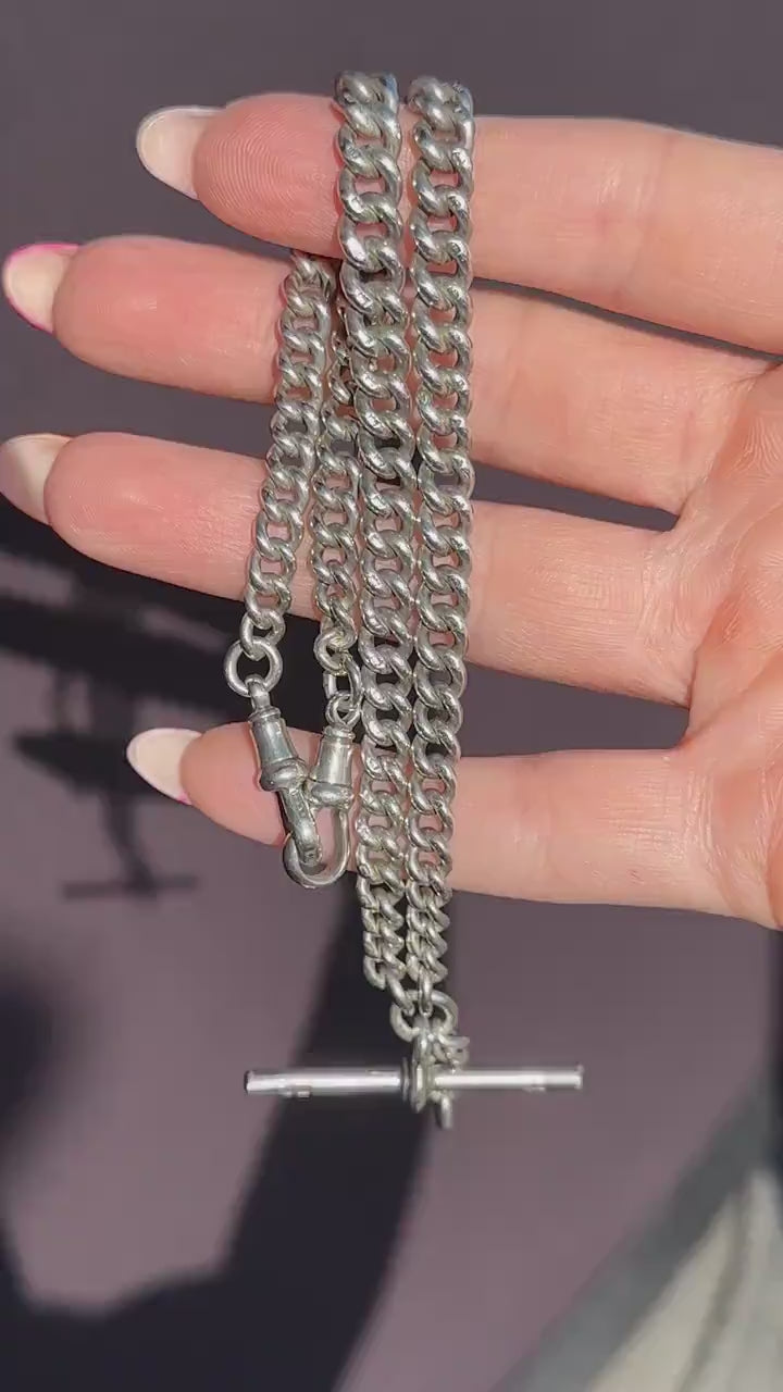 Antique '1924' Sterling Silver Curb Link Albert Watch Chain Necklace 15.5"