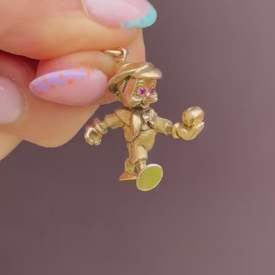 Vintage 9ct Solid Gold Disney Pinocchio with Ruby Eyes Charm Pendant