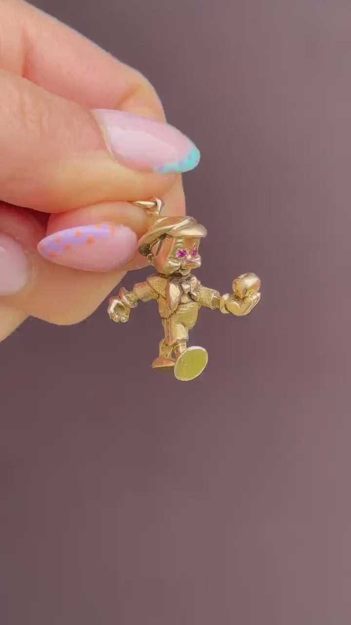 Vintage 9ct Solid Gold Disney Pinocchio with Ruby Eyes Charm Pendant