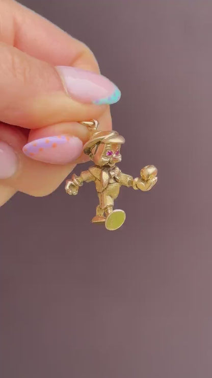 Vintage 9ct Solid Gold Disney Pinocchio with Ruby Eyes Charm Pendant