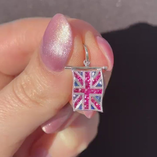 Ruby Sapphire Great British GB UK Flag Union Jack Platinum Charm Pendant