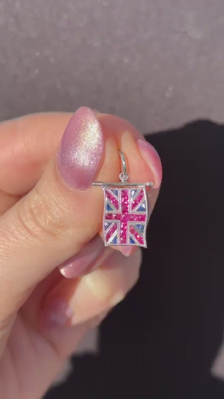 Ruby Sapphire Great British GB UK Flag Union Jack Platinum Charm Pendant