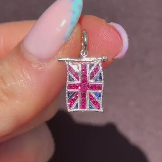 Ruby Sapphire Platinum Union Jack UK GB Flag Charm Pendant
