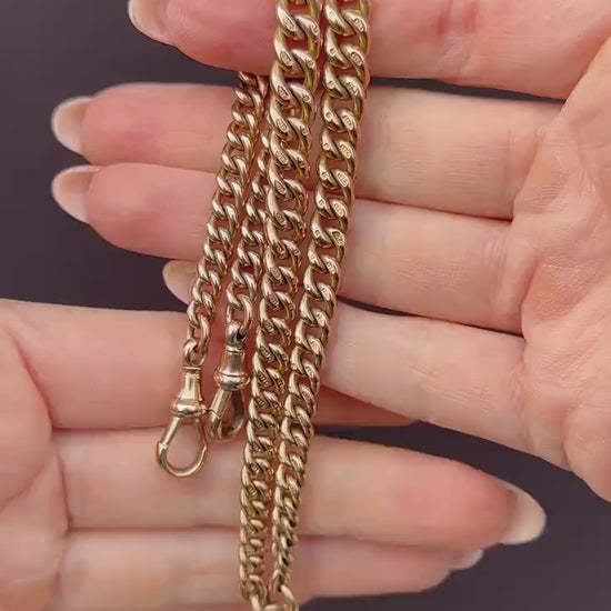 Antique 9ct Gold Double Dog Clip Curb Albert Watch Chain Necklace 15.75"