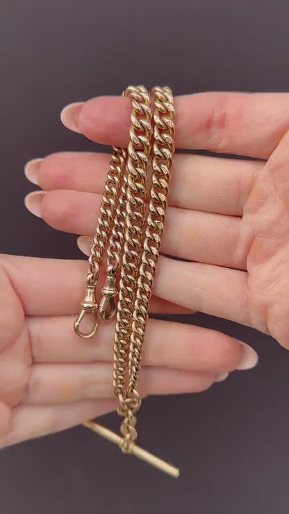 Antique 9ct Gold Double Dog Clip Curb Albert Watch Chain Necklace 15.75"