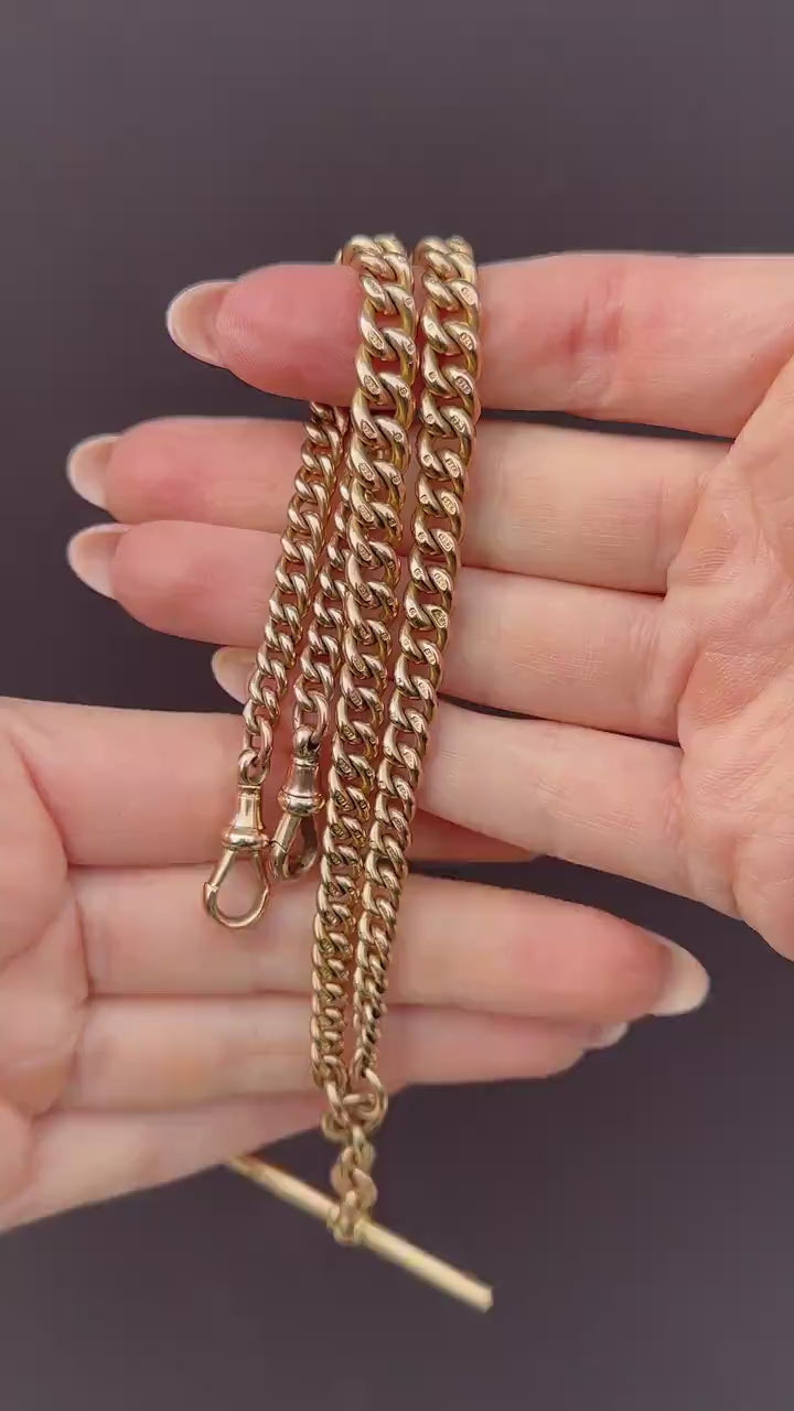 Antique 9ct Gold Double Dog Clip Curb Albert Watch Chain Necklace 15.75"