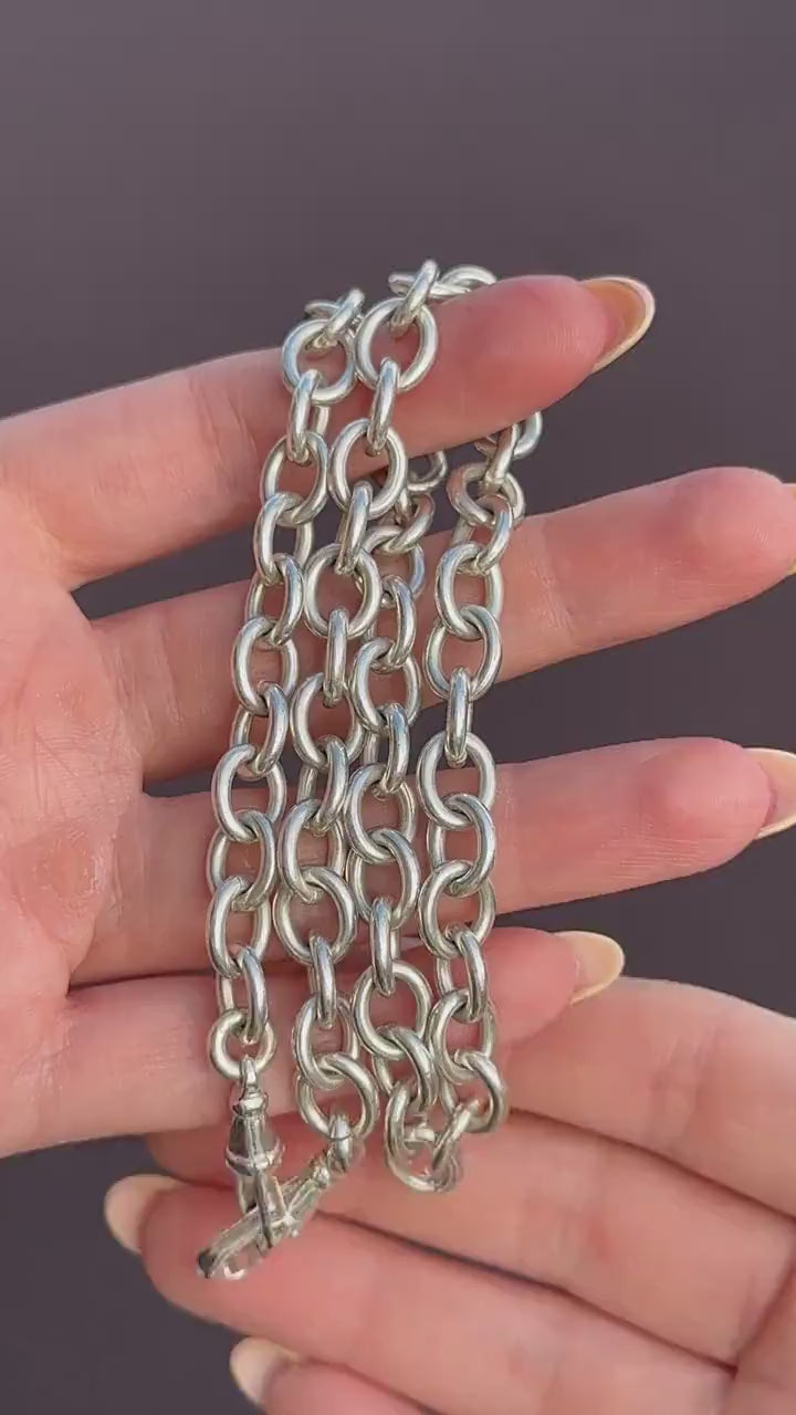 Vintage 51g Silver Oval Cable Link Chain Necklace with Double Dog Clip | 17.5"