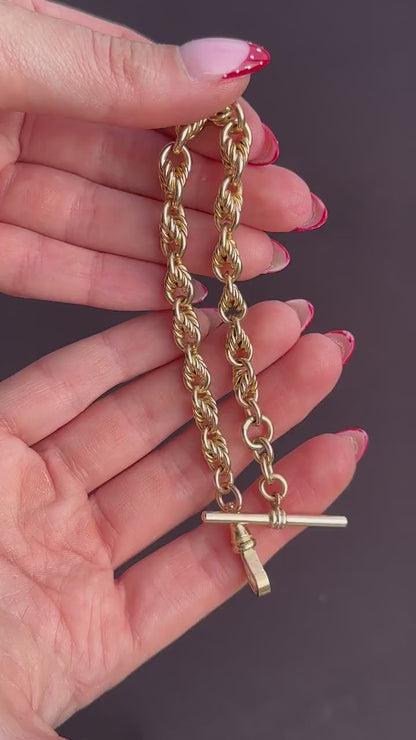Antique '1904' Love Knot 9ct Yellow Gold Chain Bracelet with T-bar | 8"