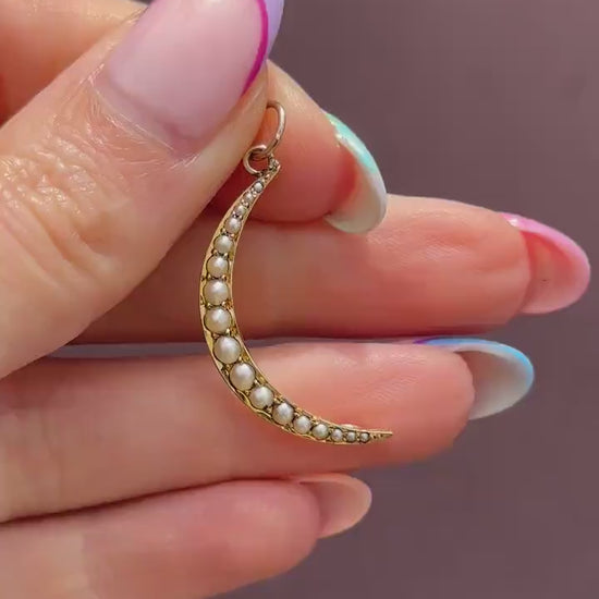 Antique 15ct Gold Pearl Crescent Moon Pendant