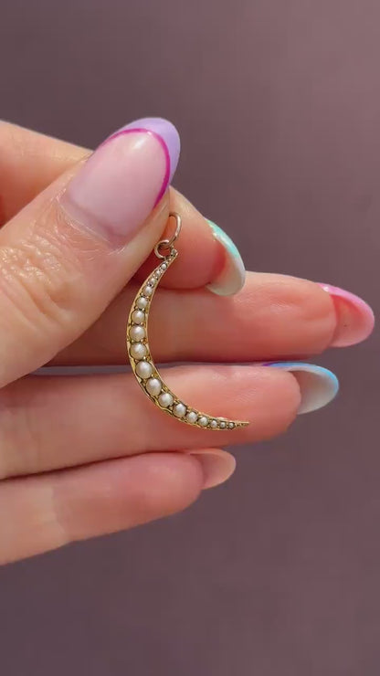 Antique 15ct Gold Pearl Crescent Moon Pendant