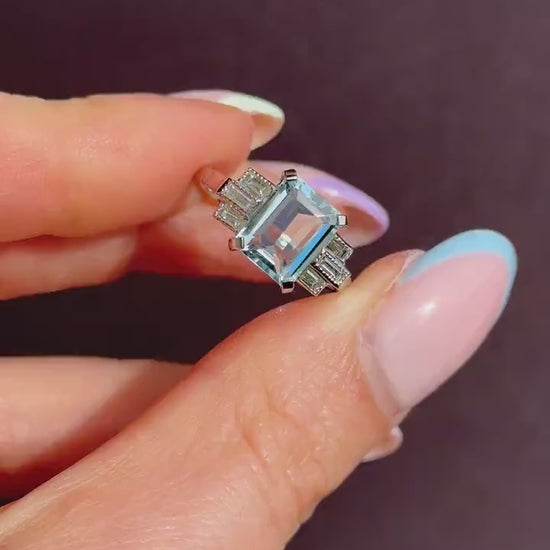 Emerald Cut 2.1ct Aquamarine and Baguette Cut Diamond Platinum Ring