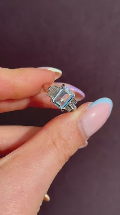 Emerald Cut 2.1ct Aquamarine and Baguette Cut Diamond Platinum Ring