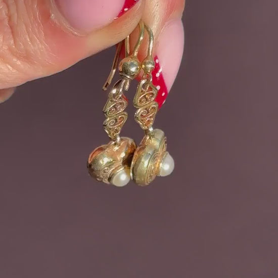 Vintage 9ct Yellow Gold Edwardian Pearl Heart Drop Earrings