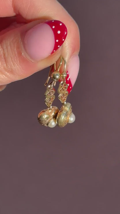 Vintage 9ct Yellow Gold Edwardian Pearl Heart Drop Earrings