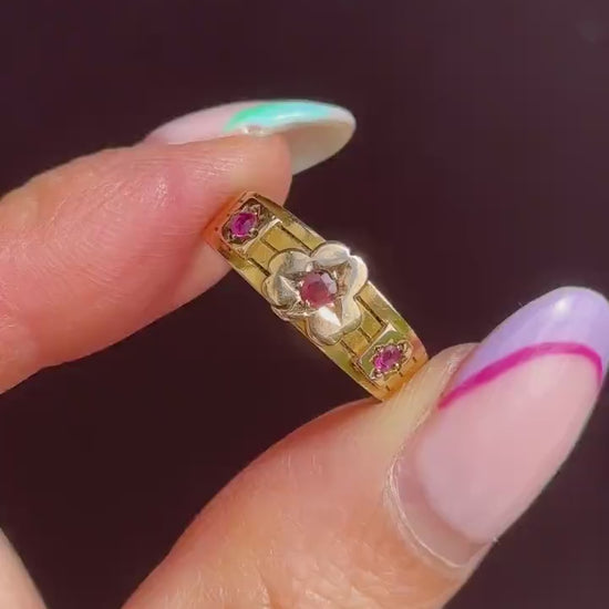 Antique Ruby Three Stone 15ct Gold Clover Gypsy Ring | Birmingham 1885