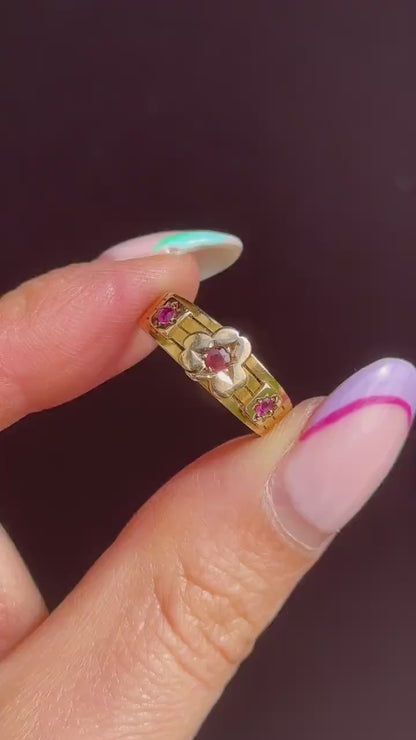 Antique Ruby Three Stone 15ct Gold Clover Gypsy Ring | Birmingham 1885