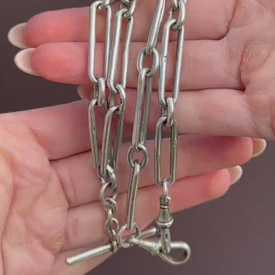 Antique Sterling Silver Trombone Watch Chain with Double Dog Clip and T Bar | 20"