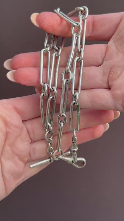 Antique Sterling Silver Trombone Watch Chain with Double Dog Clip and T Bar | 20"