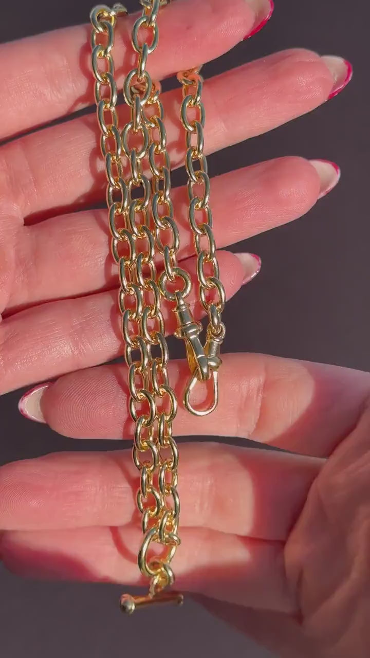 Vintage Gold on Silver Cable Link Watch Chain Necklace with T-Bar and Dog Clips – 17.5"