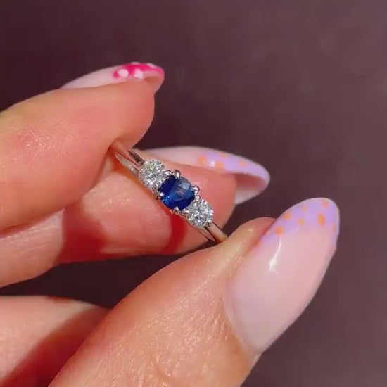 Vintage Three Stone Blue Sapphire and Diamond Trilogy 18ct White Gold Ring