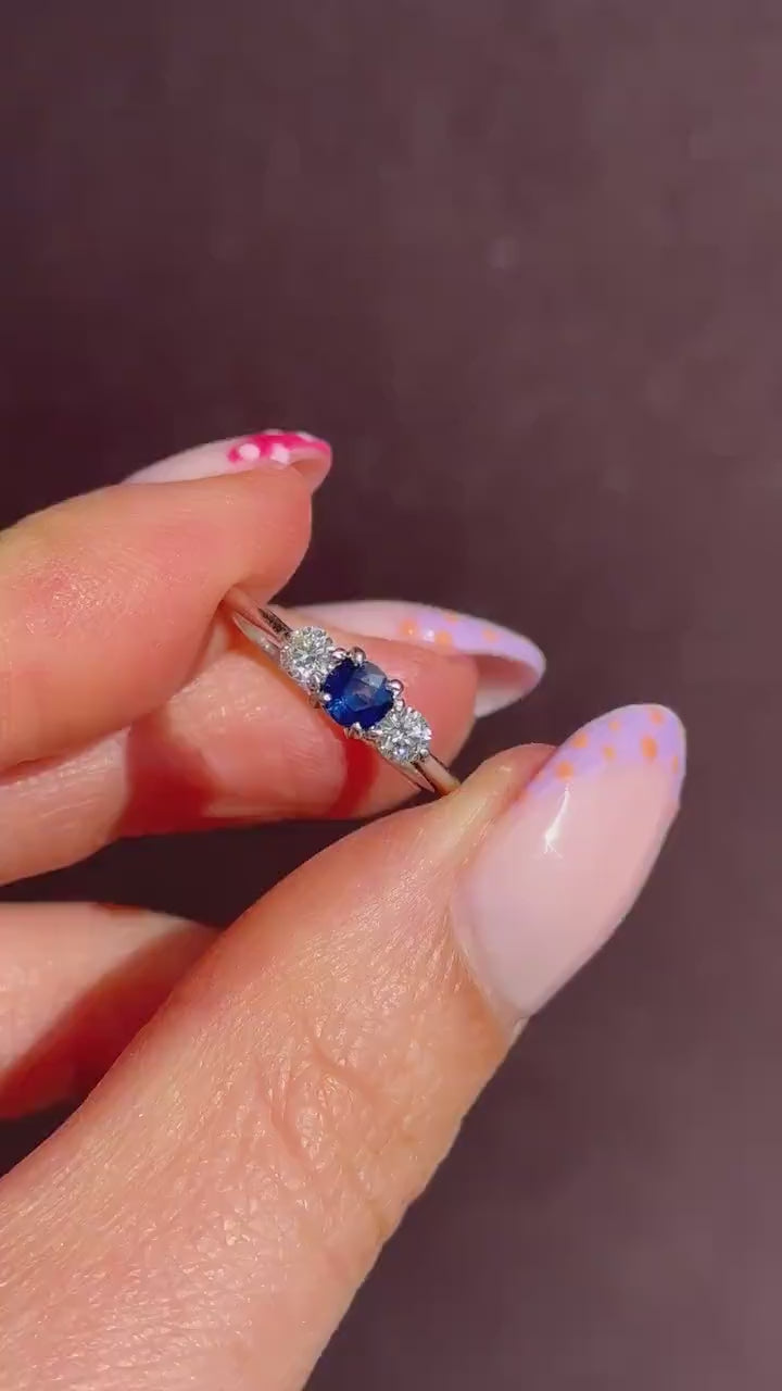 Vintage Three Stone Blue Sapphire and Diamond Trilogy 18ct White Gold Ring