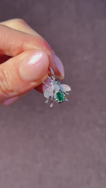 Emerald and Diamond Platinum Insect Bee Pendant Charm | 0.39ct Emerald