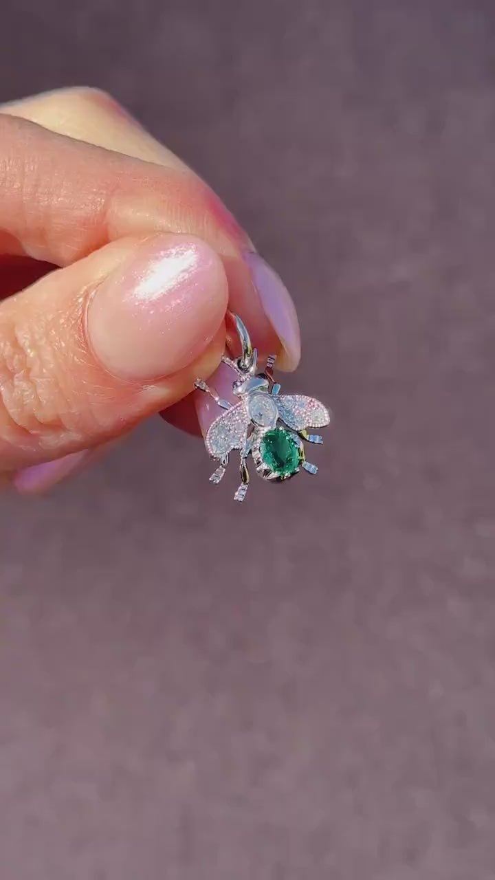 Emerald and Diamond Platinum Insect Bee Pendant Charm | 0.39ct Emerald