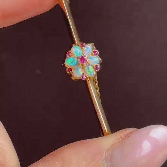 Antique Natural Opal and Ruby Flower 15ct Gold Bar Brooch Pin