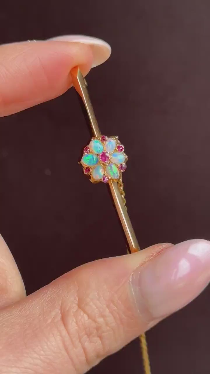 Antique Natural Opal and Ruby Flower 15ct Gold Bar Brooch Pin