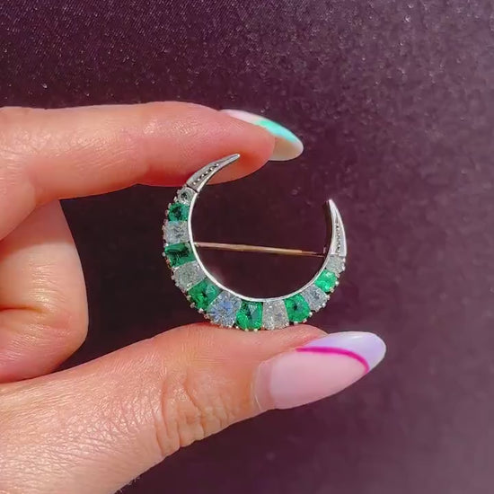 Antique Victorian Old Cut Green Paste Silver Crescent Moon Brooch Pin | Circa.1880