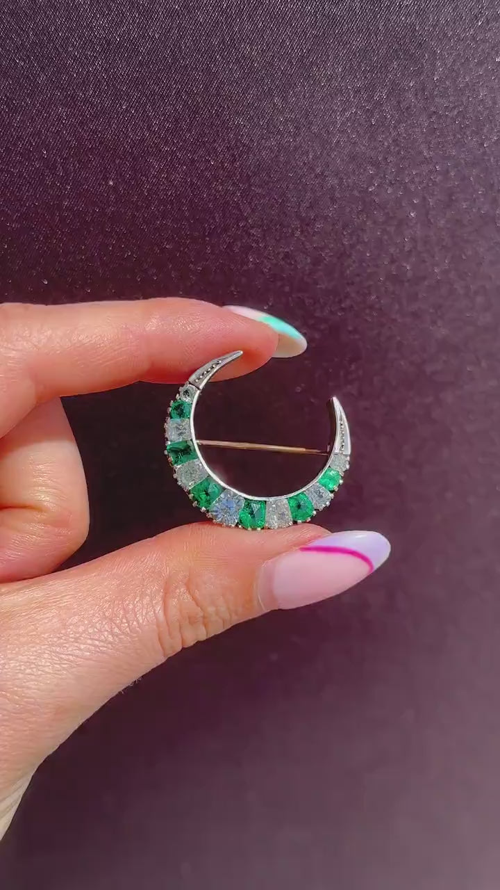 Antique Victorian Old Cut Green Paste Silver Crescent Moon Brooch Pin | Circa.1880